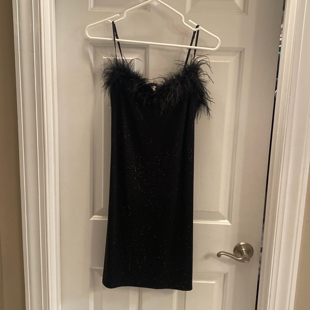 Black beaded short dress with feather top